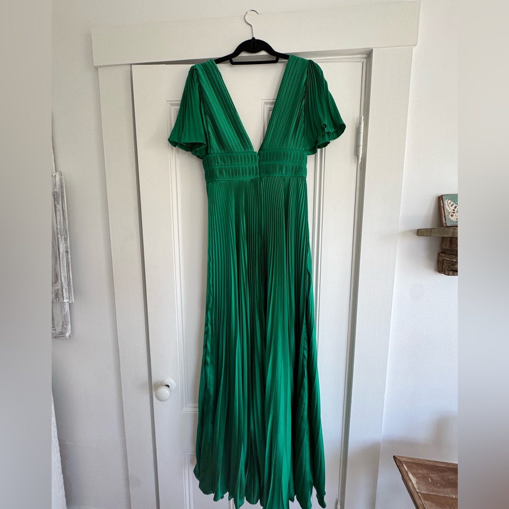 Amur Green Plunge Neck Flutter Sleeve Gown